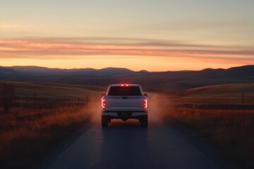 Fototapeta premium White pickup truck driving on country road at sunset