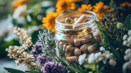 Fototapeta premium A close-up of herbal supplements in clear capsules, representing natural medicine and wellness.