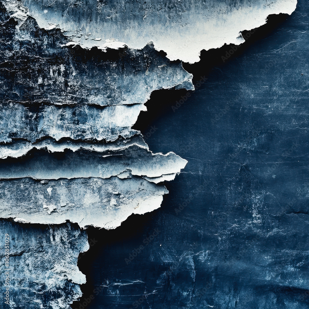 Poster explore a textured dark blue distressed background featuring rough, peeling layers that create a vis
