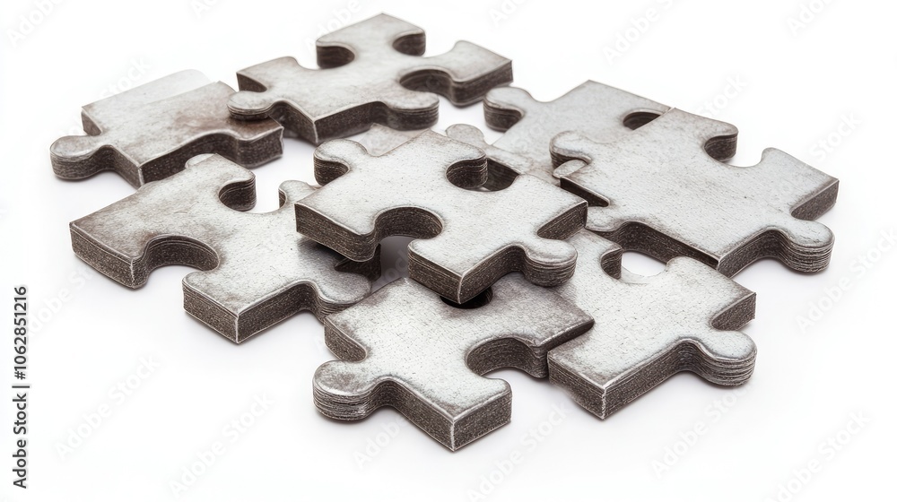 Poster a collection of puzzle pieces separated and placed on a white background, ideal for learning and str