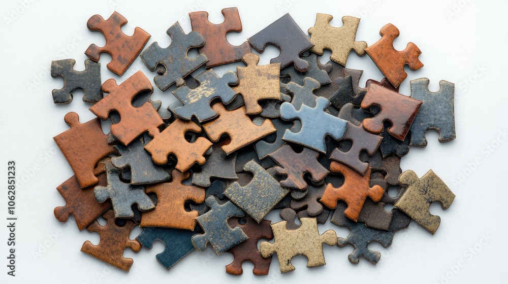 Poster a collection of puzzle pieces separated and placed on a white background, ideal for learning and str