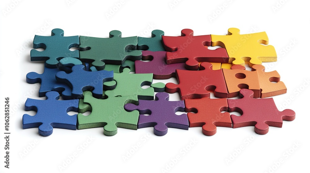 Poster a collection of puzzle pieces separated and placed on a white background, ideal for learning and str