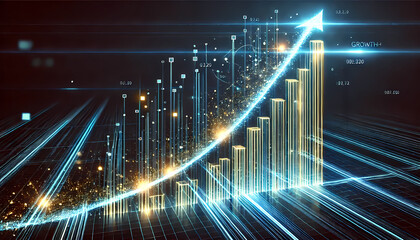 Illustrate a dynamic growth chart made of light, shooting upwards against a dark background, with digital bits flowing upwards. Generative AI