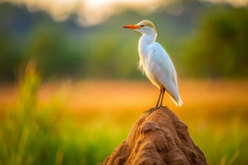 Obraz premium A Cattle Egret Perched on a Termite Mound in Rietvlei Nature Reserve, South Africa, Captured with Bokeh Effect Showcasing Natural Beauty and Wildlife Serenity