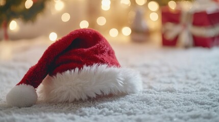 Santa cap with fluffy pom-pom on a white background, close-up.