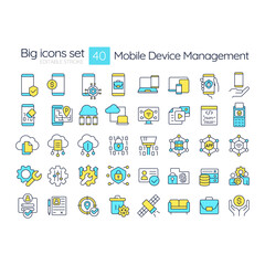 Mobile device management RGB color icons set. Data control, technology. Cybersecurity software, system. Isolated vector illustrations. Simple filled line drawings collection. Editable stroke
