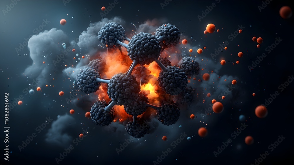 Poster exploding molecular sphere with vibrant colors glowing energy and intricate atomic bonds dynamic abs