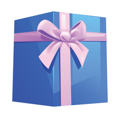 Blue gift box with pink ribbon and bow. Vector cartoon illustration