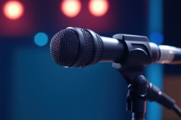 Obraz premium Microphone on stage awaiting performer with blurred lights in background