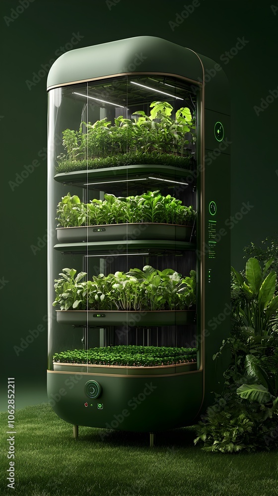 Poster sleek and technologically advanced vertical farm utilizing automated climate and nutrient systems
