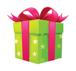 Green gift box with pink bow and ribbon, decorated with star patterns. Vector cartoon illustration