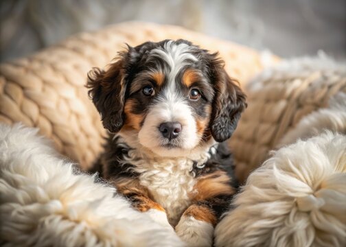 Adorable Mini Bernedoodle Puppy Nestled Among Soft Pillows on a Cozy Bed, Captured in Stunning Macro Photography