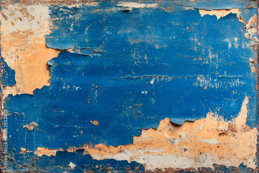 Poster this image showcases an ancient grunge background featuring a deep blue texture with peeling paint, 