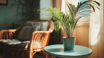 A cozy living room featuring a palm plant on a light blue round table, next to a comfortable rocking chair and sofa.