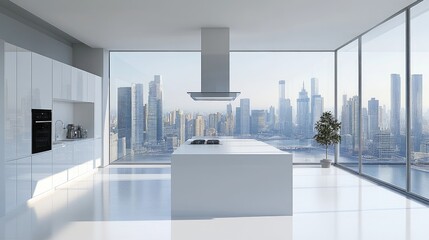 Modern kitchen with city view. Perfect for showcasing kitchen appliances, interior design, or modern living concepts.