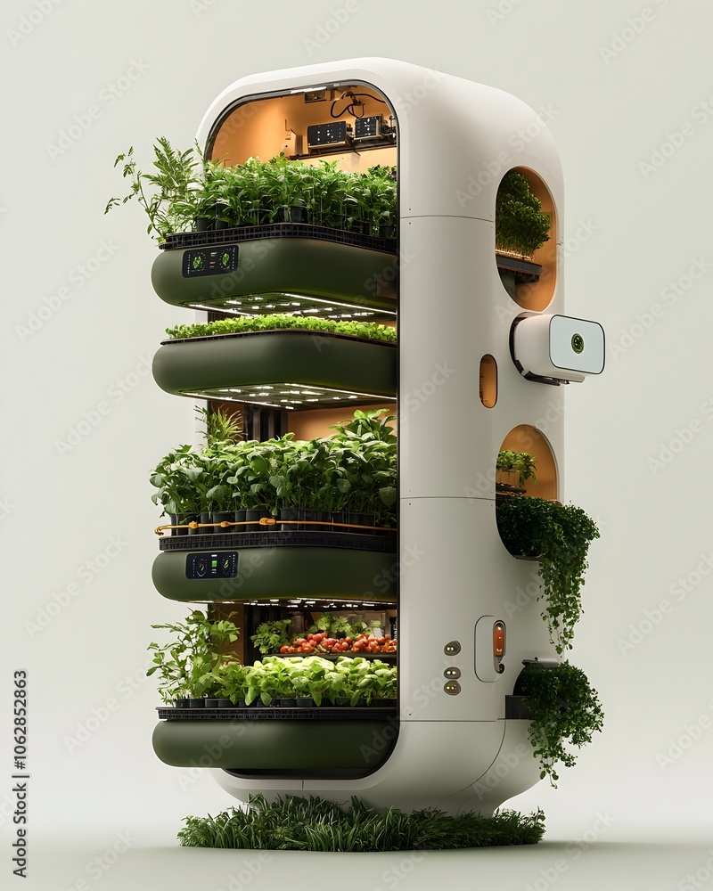 Poster futuristic vertical farm with ai-driven climate and nutrient control in modular architectural struct