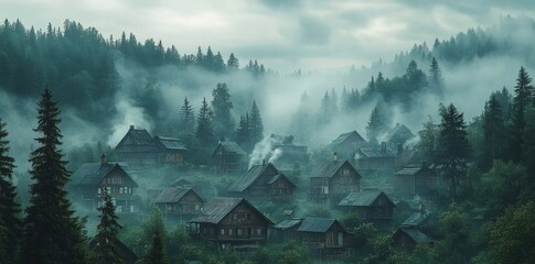 Misty Mountain Village with Wooden Cabins and Fog