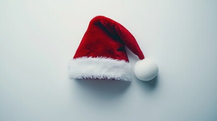 White background with a Santa cap neatly placed at the center, top view.