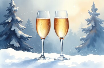 Two glasses of champagne outside stand on the snow