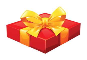Flat red gift box with yellow bow, simple and cheerful design for gifting. Vector cartoon illustration