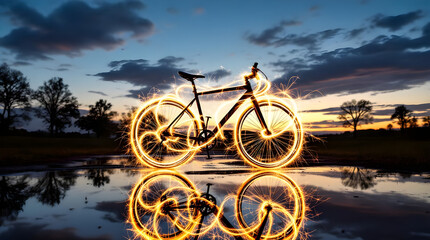 Obraz premium Bicycle with Sparkling Light Trails at Sunset