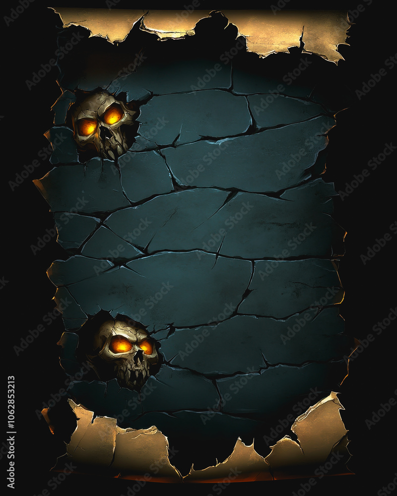 Poster this ancient grunge background features deep blue textures with cracks and spooky skulls. perfect fo