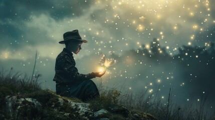 Close up of a woman wearing a hat with the magical light of fireflies.