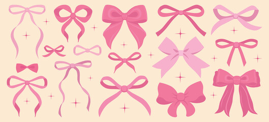 Pink bow illustration set. Simple hand drawn ribbon bow collection. Vector ribbons, silk bows for gifts, present knots, wrap pack. Bowknot for decoration, collection sillouette for celebration design 