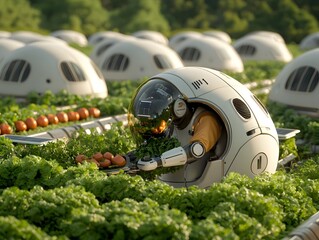Fototapeta premium Futuristic Organic Farm Tended by Robotic Harvesters and Autonomous Drones