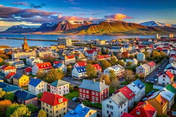 Fototapeta premium Aerial View of Colorful Houses in Reykjavik, Iceland Showcasing Vibrant Architecture Against a Stunning Landscape of Mountains and Ocean for Travel and Real Estate Use