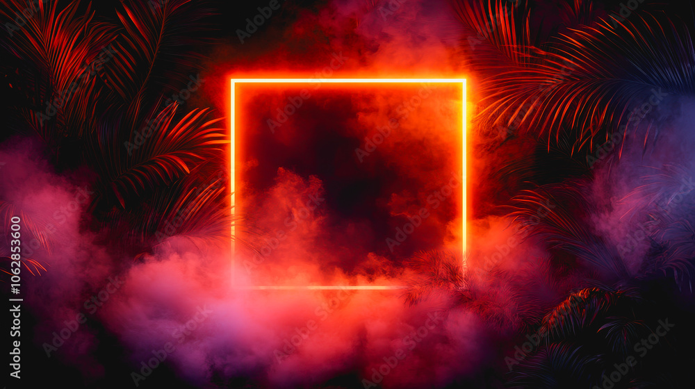 Poster a vibrant neon glowing square frame floats in a dense atmosphere filled with colorful smoke. ideal f