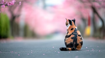 A serene image of a calico cat sitting back, surrounded by blooming cherry blossoms, evoking a peaceful spring atmosphere, Ideal for nature, pet-related articles, or seasonal designs,