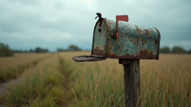 Rustic mailbox in overgrown field with weathered vintage charm