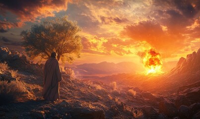 Moses gazes at the burning bush, surrounded by arid desert terrain and illuminated by the fiery glow against a captivating sunset backdrop