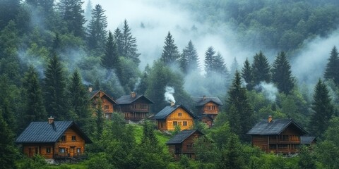 Fototapeta premium Misty Mountain Village with Wooden Cabins and Smoke Rising from Chimneys
