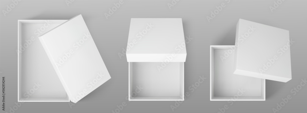 Poster 3d open empty white gift box blank mockup top view vector. paper square package with lid realistic p
