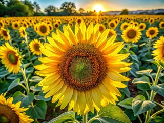 Fototapeta premium Aerial View of Vibrant Sunflowers Blooming in a Field, Showcasing Nature’s Beauty, Drone Photography Capturing the Rich Yellow Petals and Green Foliage in Perfect Light