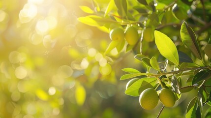 Fresh colive fruits hang on branches with green leaves in a sunny garden.