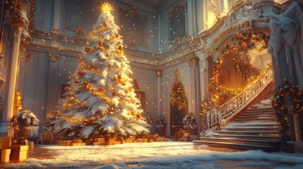 Fototapeta premium A festive holiday scene with a snowy white Christmas tree and golden decorations, offering a bright, cheerful vibe.