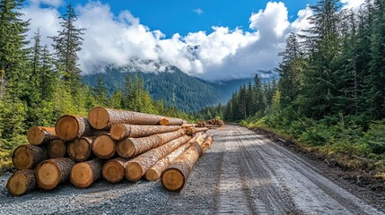 A forest landscape with recently cut fir and spruce logs neatly piled, showcasing the logging industry in the Pacific Northwest.
