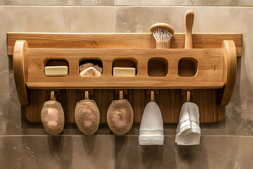 Enhance Your Bathroom with an Artistic Wooden Shower Rack - Stylish Compartments for Organization