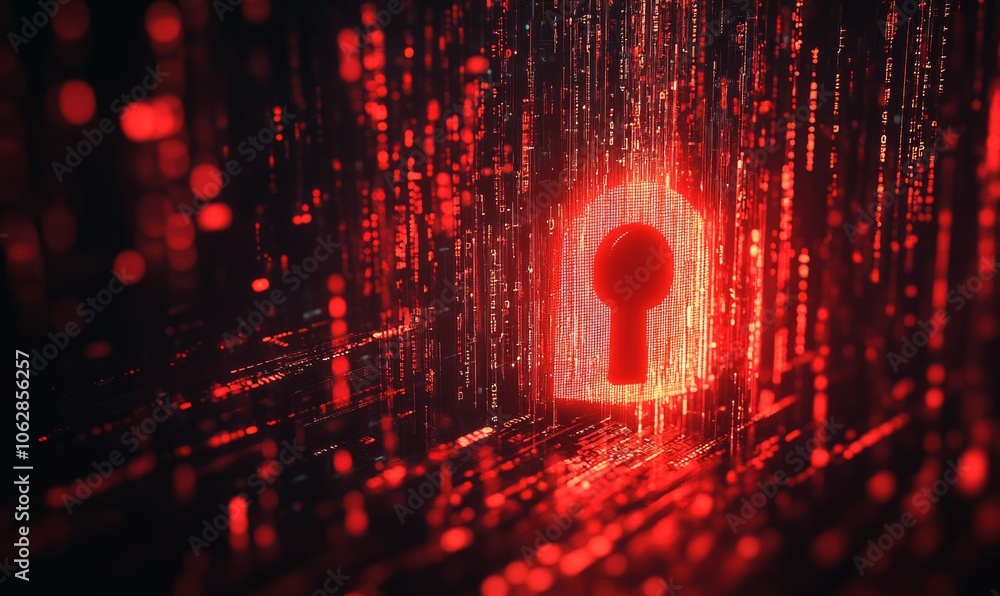 Poster red glowing padlock with keyhole on a dark background of digital data