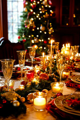 A beautifully set New Year's table adorned with festive decorations, including candles, garlands, and sparkling tableware.