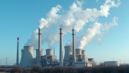 Industrial power plant emitting steam into clear sky with cooling towers