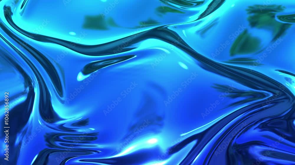 Poster a visually striking abstract animation of a blue liquid metal surface. the smooth, organic forms cre