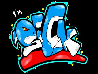 digital graffiti illustration, digital graf, graffiti font, lettering, with the words i'm sick and with a unique color combination, looks cool