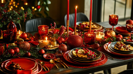 A beautifully set New Year's table adorned with festive decorations, including candles, garlands, and sparkling tableware.