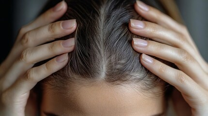 Naklejka premium close-up shot of a woman's hands gently touching her scalp, with noticeable thinning hair and sparse areas on the top of her head