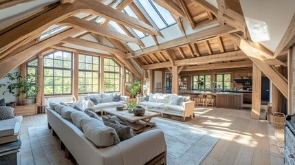A large attic room with exposed wooden beams and skylights, bathed in sunlight and showcasing the warmth of natural materials.
