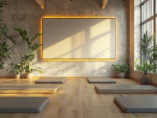 Modern concrete yoga gym interior with equipment, empty billboard on wall, daylight and wooden flooring. Healthy lifestyle concept. Mock up